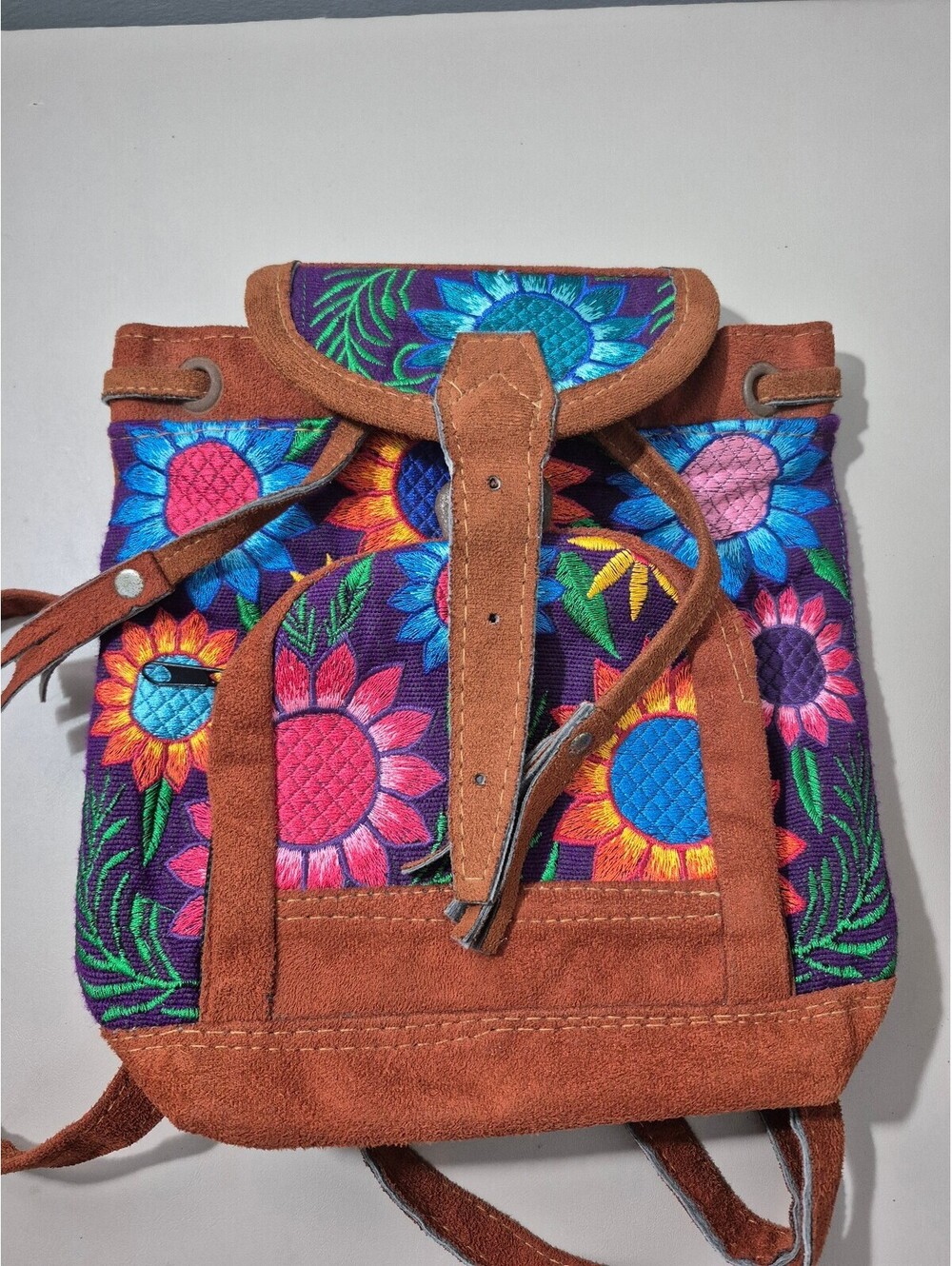 Vintage Boho Embroidered Floral Suede Leather Mini Backpack Handmade Artisan - Picture 8 of 8
